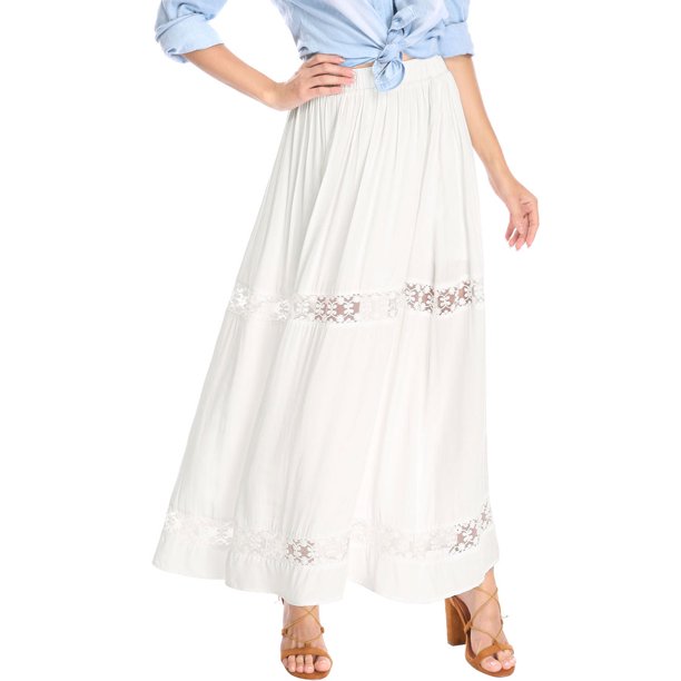 INSPIRE CHIC Falda Maxi Con Encaje Y Cintura Elástica Vintage Swing A-Line Para Mujer Blanco crema XS