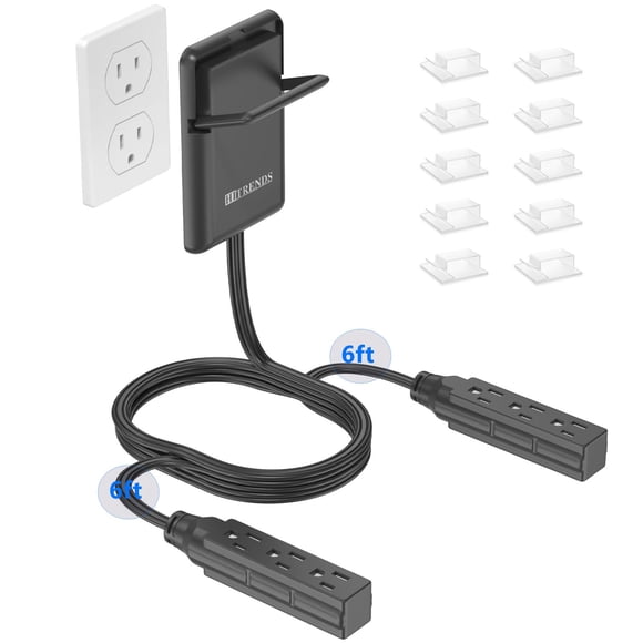 6FT Ultra Flat Plug Dual Extension Cord with 6 Outlets, Ultra-Thin Outlet Cover Power Bar, Outlet Concealer Universal Size Flat Plug Power