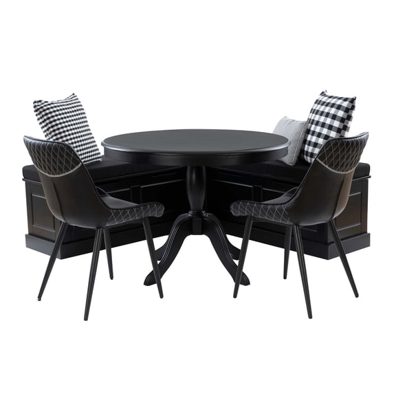 Linon Troyin 5 Pce Set Wood Nook/Round Table/2 Chairs/Cushion Set in Black