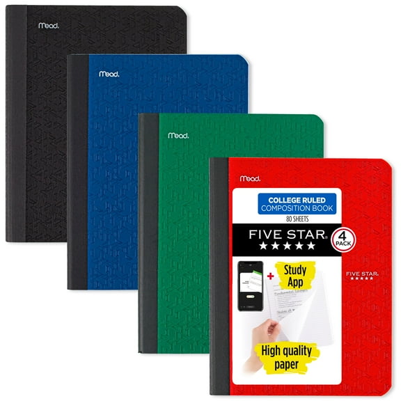 Five Star Composition Book   Study App, College Ruled, 7.5" x 9.75", 80 Sheets, 4 Pack