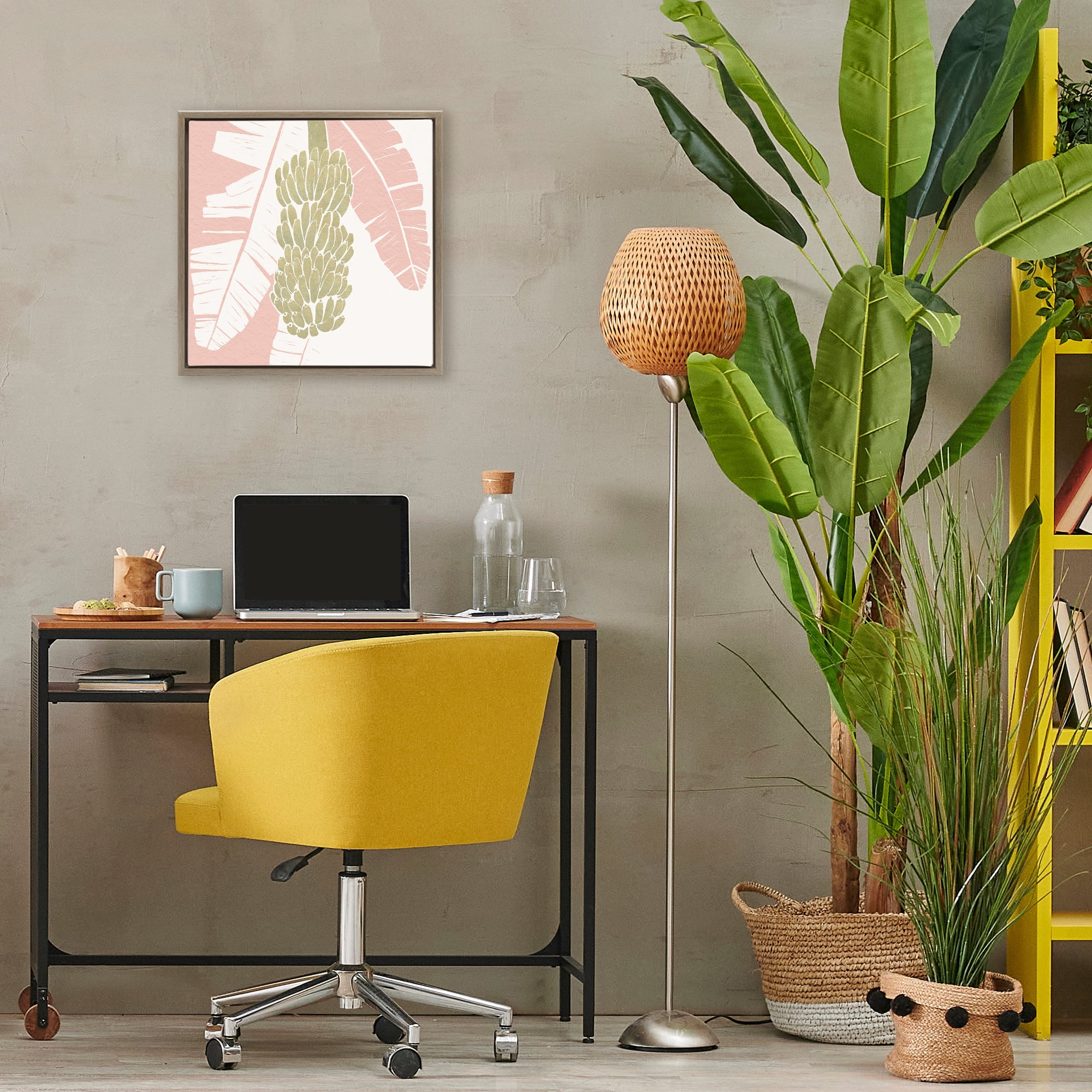 Stupell Industries Banana Bunch Amid Pink Leaves Brown Framed Floater Canvas Wall Art, design by Yuyu Pont