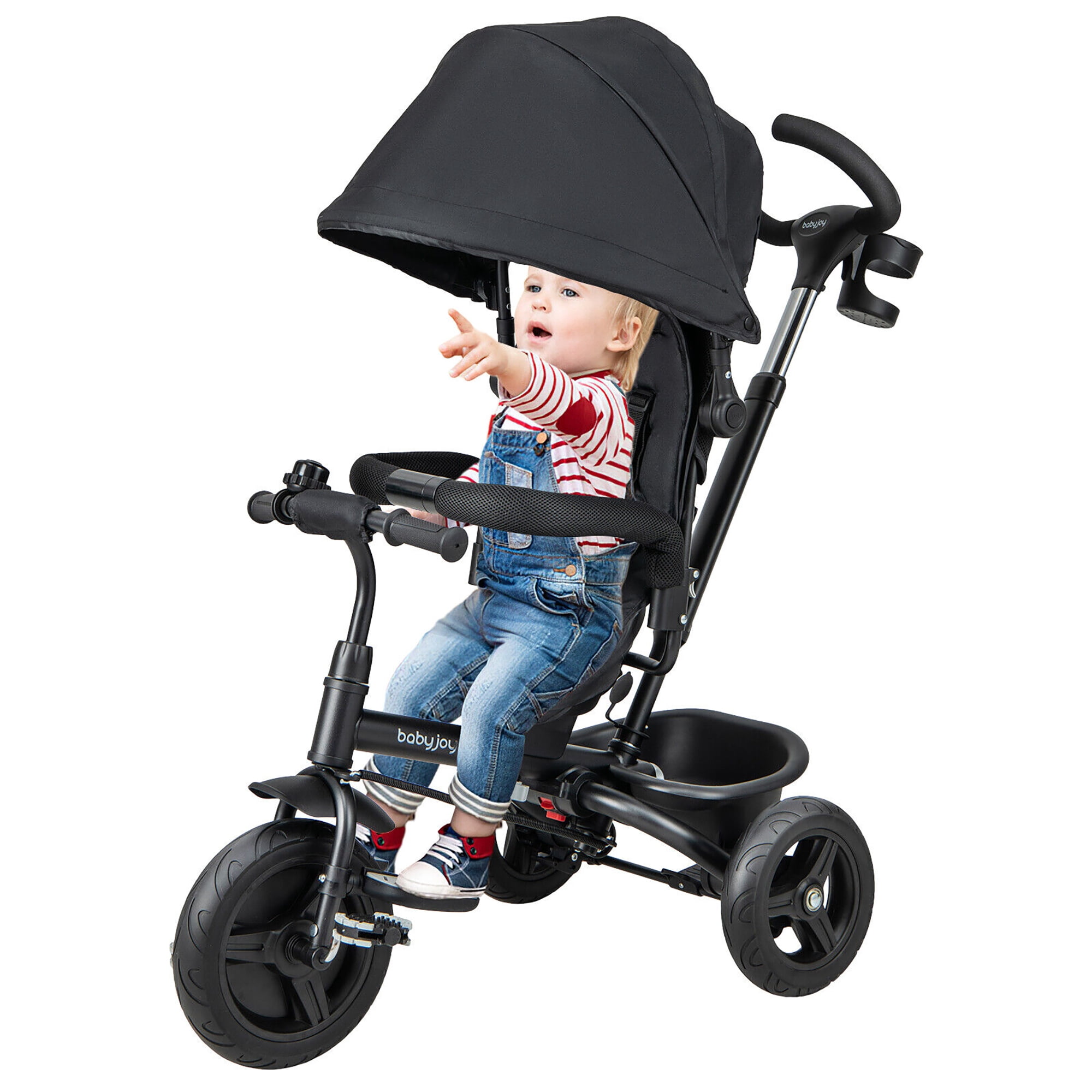 Gymax 4-in-1 Baby Tricycle Toddler Trike w/ Reversible Seat Canopy & Push Handle Black