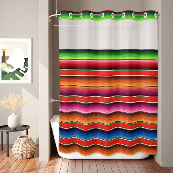 Abstract Shower Curtain, Colorful Mexican Stripe Red Orange Farmhouse Waterproof No Hooks Bath Shower Curtain with See Through Top Window for Bathroom Bathtub 72x84in