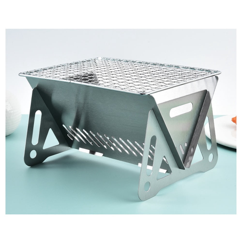 Portable Backpacking Stove with Grill Grid, Folding Stainless Steel Charcoal Grill, Ultralight BBQ Wood Burning Camp Stove for Hiking Picnic Garden Backyard Cooking（small size）