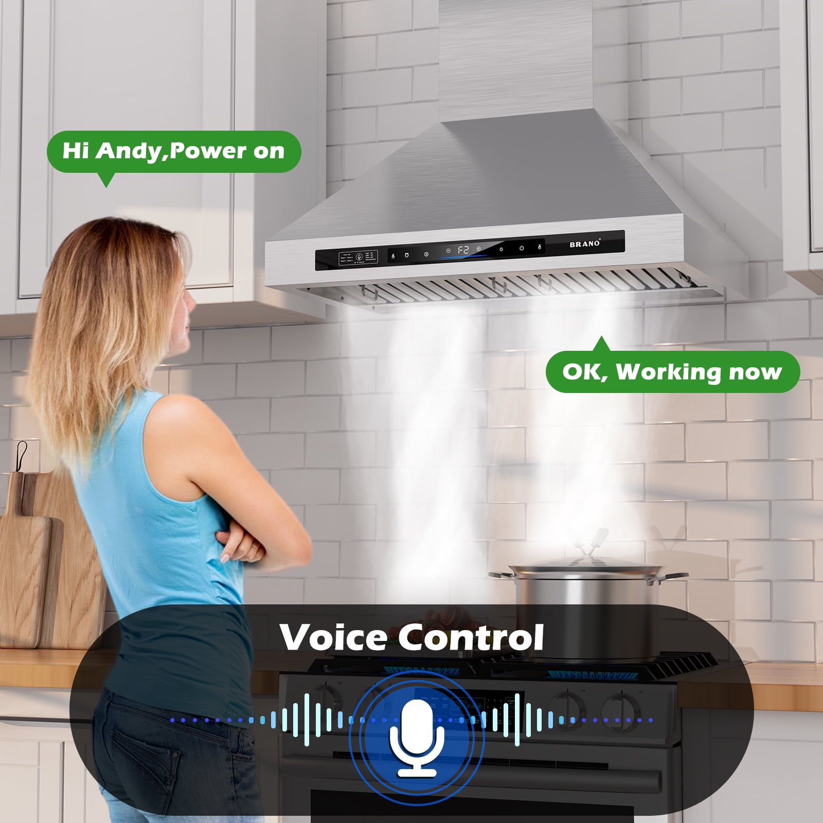 Brano 30 Inch Range Hood Wall Mount 900 CFM Ducted/Ductless Convertible Stainless Steel Vent Hood, Voice Gesture Touch Control Panel