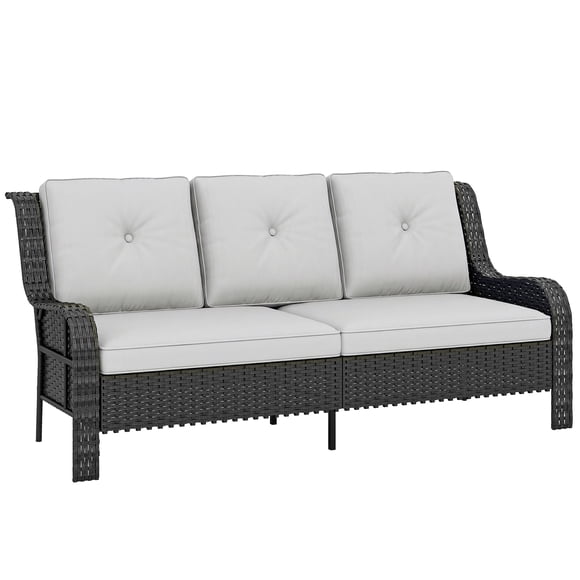 Outsunny 3 Seater Outdoor Sofa with Cushions Rattan Patio Couch Light Grey