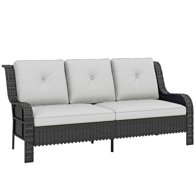 Outsunny 3 Seater Outdoor Sofa with Cushions Rattan Patio Couch Light Grey