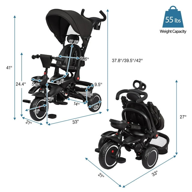 GloryStar Tricycle Pliable pour Bébé, Poussette Tricycle 7 en 1 pour Tout-Petits de 1 à 5 Ans, Tricycle avec Harnais de Sécurité, Poignée de Poussée Réglable, Panier de Rangement, Porte-Gobelet, Tricycle à Chevaucher