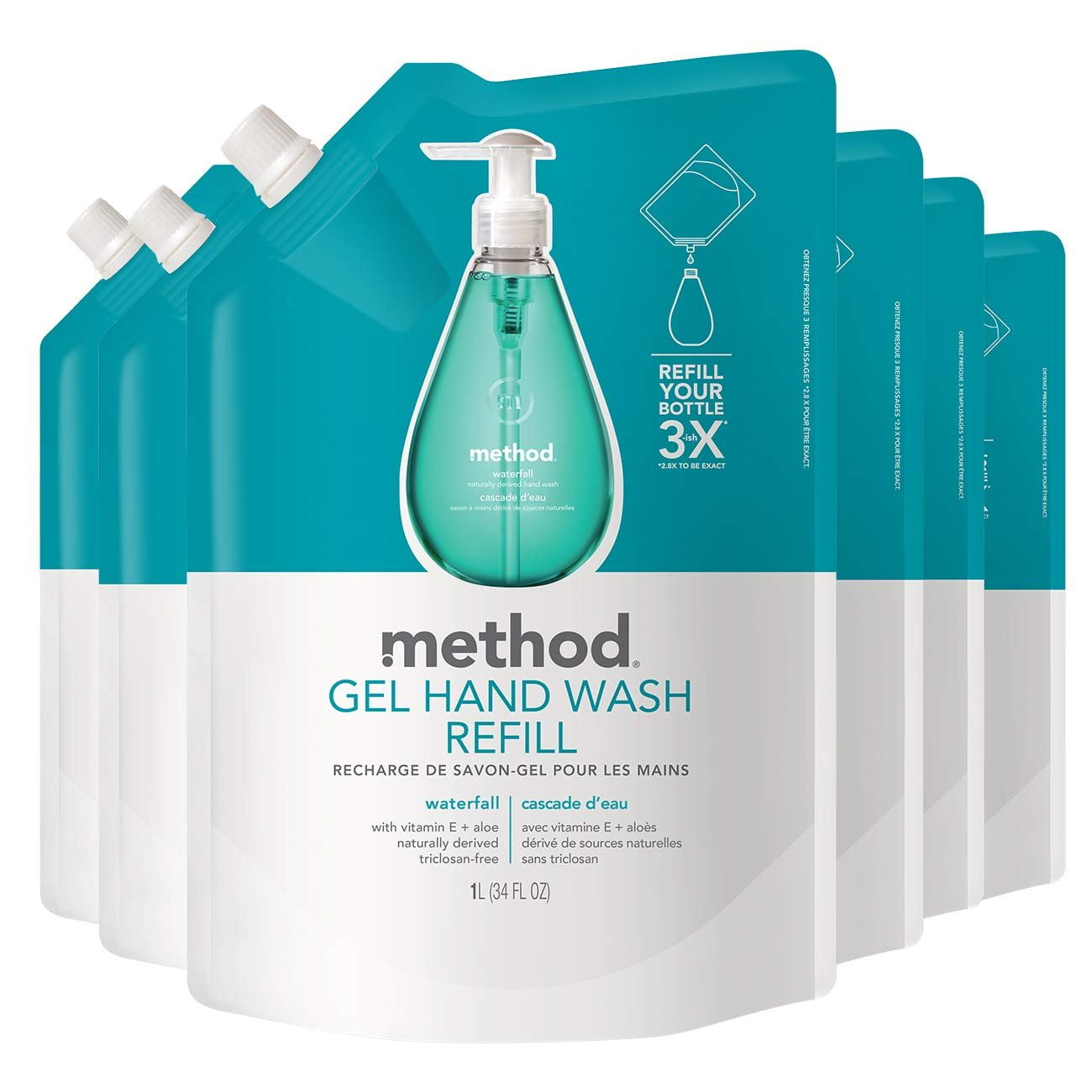 Method Gel Hand Soap Refill, Waterfall, 34 oz, 6 pack, Packaging May