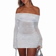 thumbnail image 3 of Women'S Off-the-Shoulder Bodycon Mesh Sheer Ruffled Shiny Flared Long Sleeves Y2K Club Night Out Dress, 3 of 9