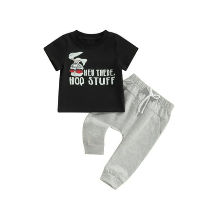 

WERNZATT Toddler Baby Boys Easter Outfit Letter Print Short Sleeve T-Shirt and Elastic Pants Cute 2 Piece Summer Clothes Set