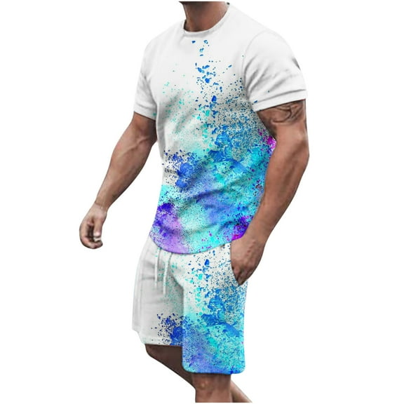 Honeeladyy Men's 2 Pieces Short Sets Cotton Henley Shirts Short Sleeve Casual Beach Shorts Summer Yoga Outfits #Vc-Blue-XXXL