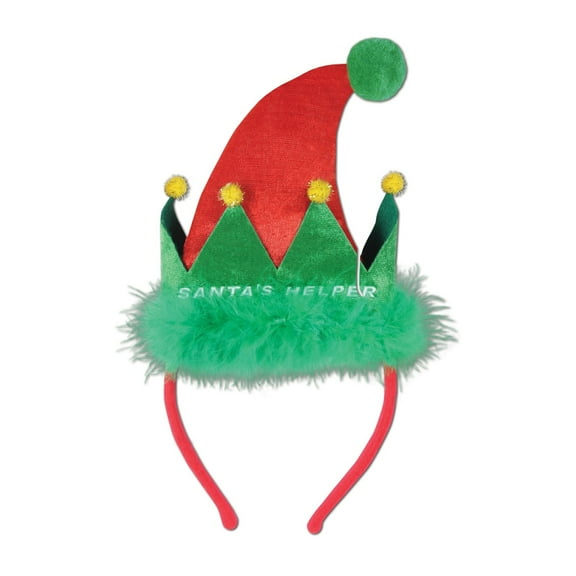 Beistle Pack of 12 Green and Red "Santa's Helper" Snap-on Christmas Headband Accessories
