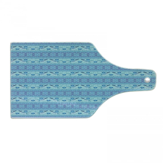 Whale Cutting Board, Ocean Inspired Pattern with Geometrical Borders Fish and Scallops, Decorative Tempered Glass Cutting and Serving Board, Wine Bottle Shape, Turquoise Lilac Blue, by Ambesonne