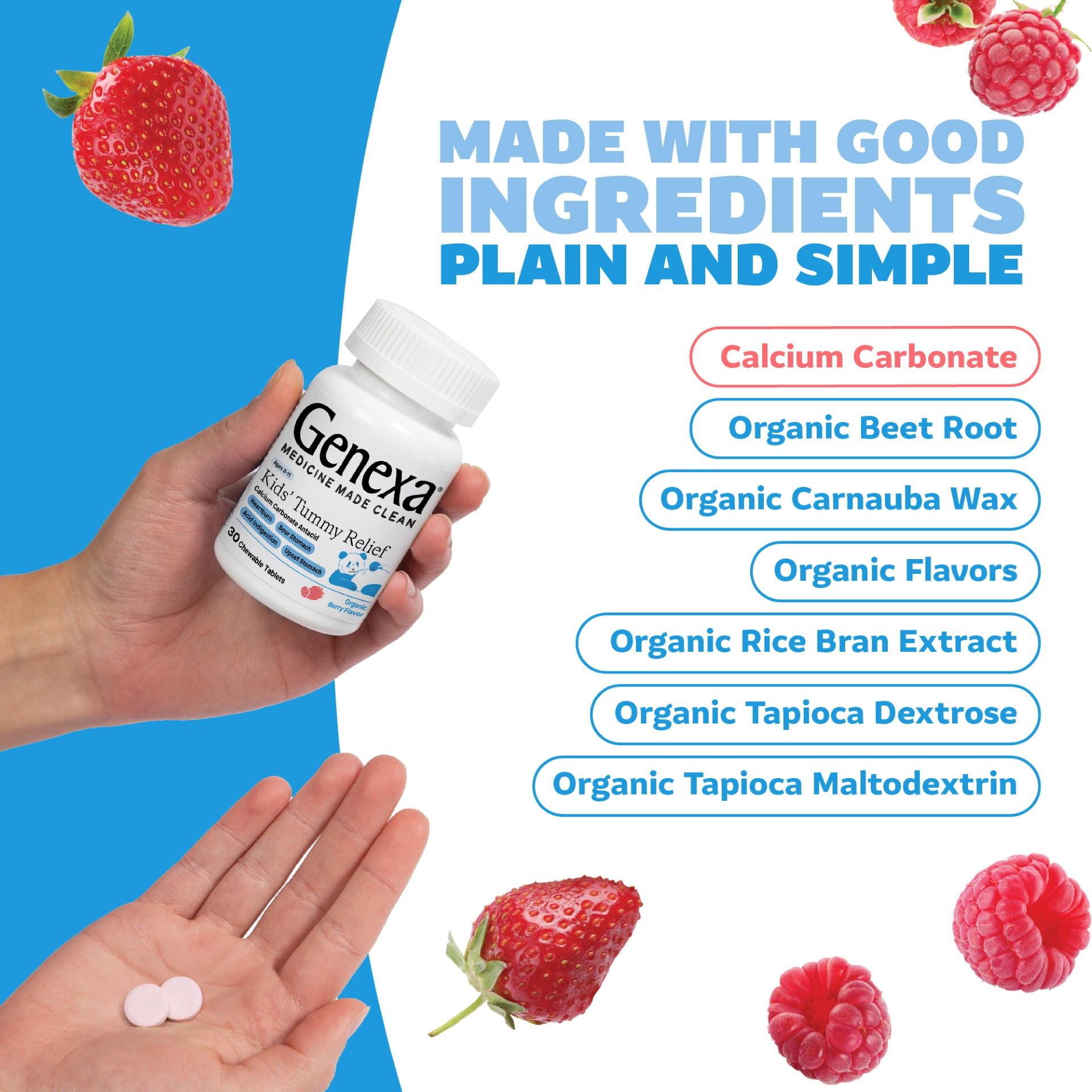 Genexa Kids’ Clean Tummy Relief Antacid Chewables, Dye Free, 0% Artificial Additives, Children's Tummy Ache Relief, Calcium Carbonate Acid Reducer, Organic Berry Flavor, 30 ct
