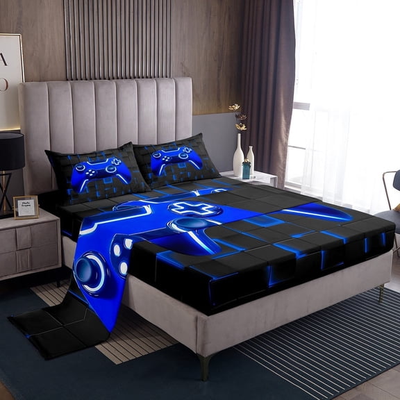 Erosebridal Gradient Gamepad Sheet Set Twin , Neon Blue Futuristic Cubes Bedding Sets Twin Size, Game Room Decor 3pcs