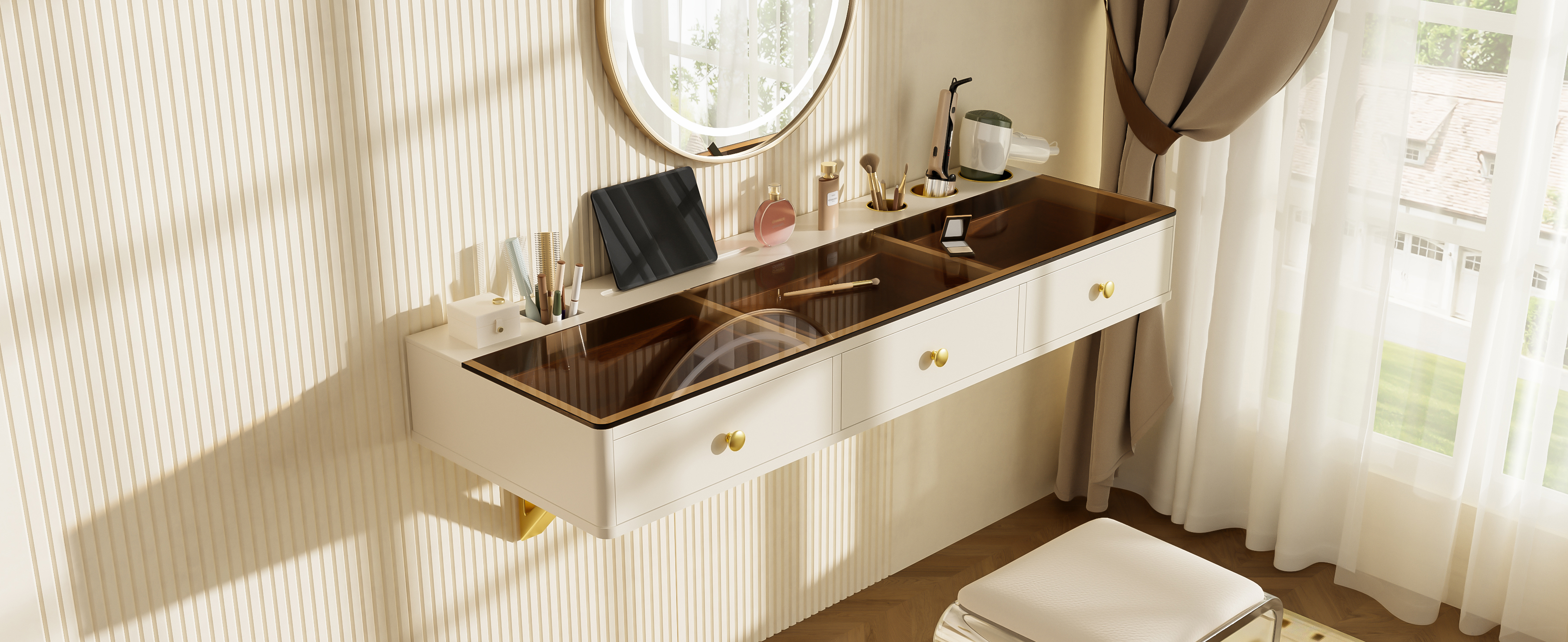 Euroco Wall-Mounted Multifunctional Vanity Table with Storage Drawers, Phone Holder & Black Glass Finish, Space-Saving Makeup Desk