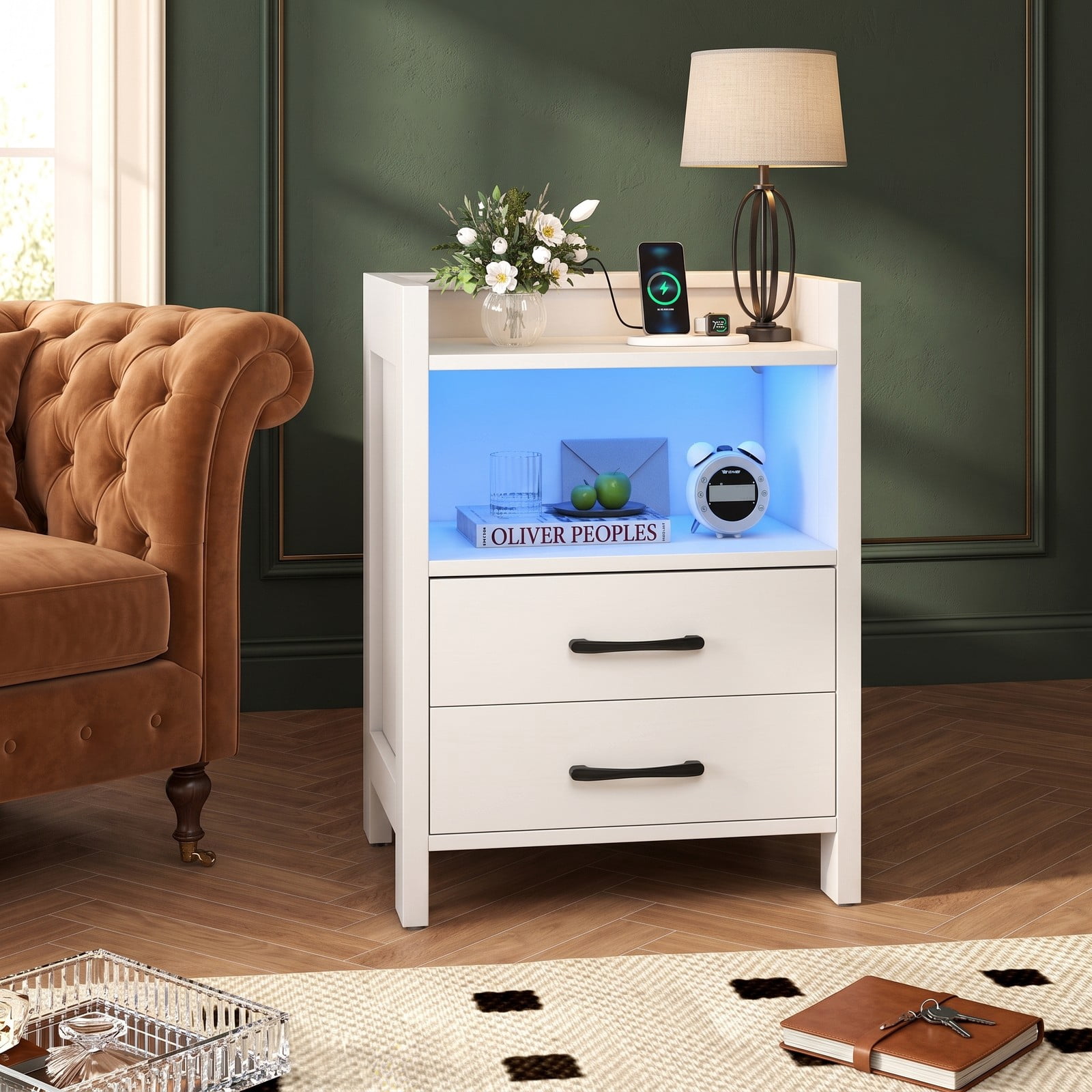 Furnibear 23.5 Inch Nightstand with Charging Station, USB & Type-C Ports, RGB LED Light, 2 Drawers and Open Storage Shelf, Modern Bedside Table for Bedroom, White