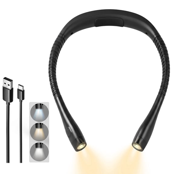 DAYBETTER Neck Reading Light, Rechargeable Book Light for Reading in Bed, 3 Colors & 3 Brightness Dimmable, Bendable Neck Light 80H Lasting, Portable Book Light for Reading, Black
