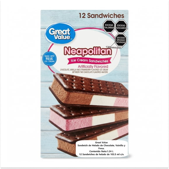 Sándwich de helado Great Value sabor napolitano con 12 pzas de 103.5 ml c/u