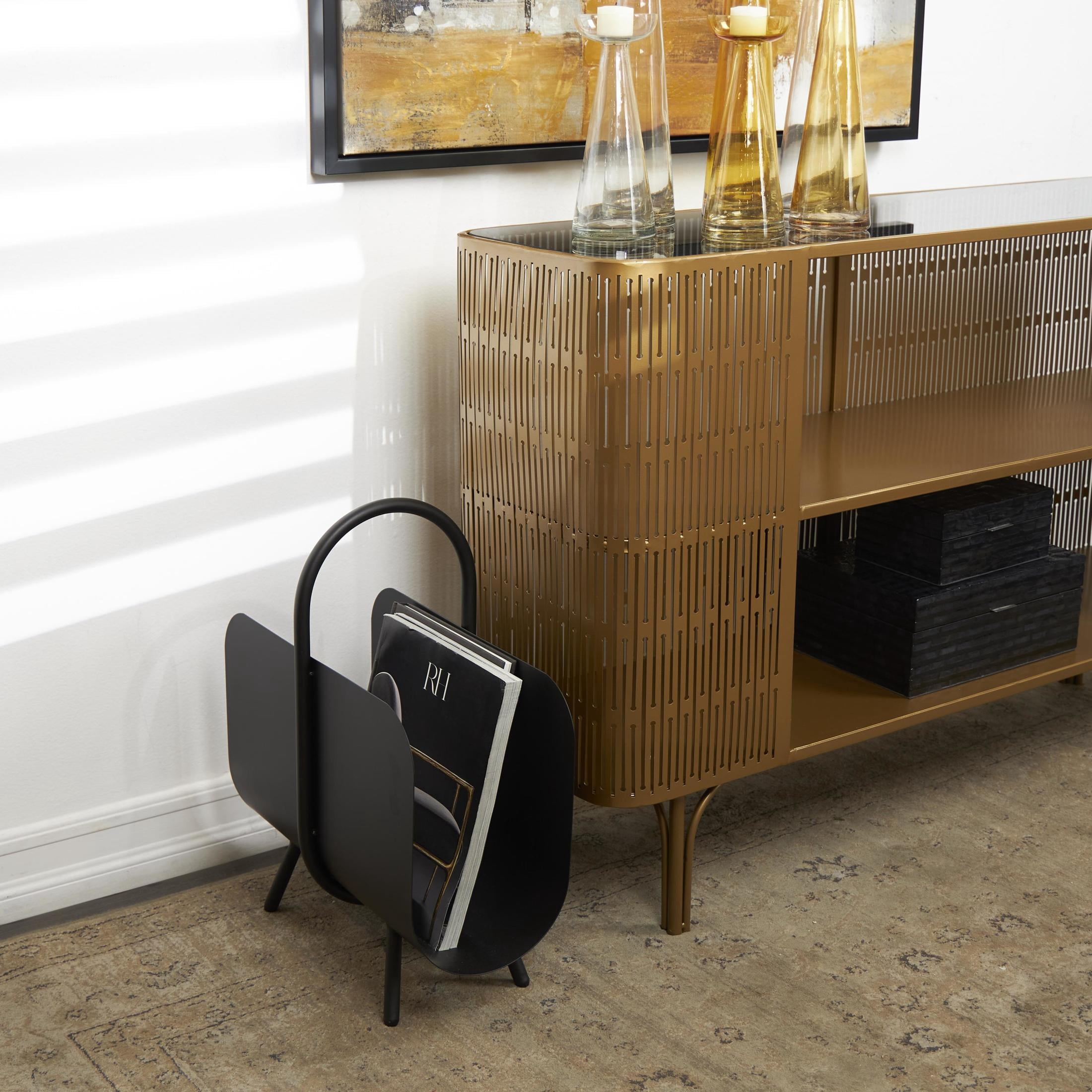 DecMode 20" Black Metal Matte Curved Magazine Holder with Arched Handle and Flared Legs