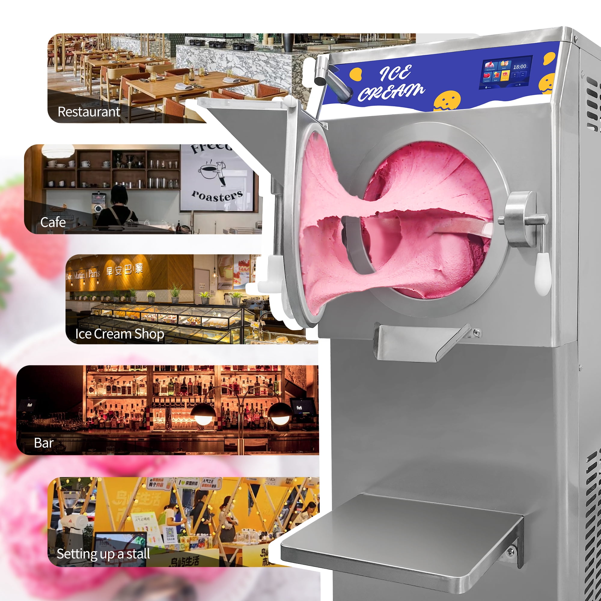 Mvckyi Hard Ice Cream Machine Commercial, Batch Freezer 13 Gallon/H, Gelato Ice Cream Maker, Italian Water Ice Machine, 5 Inch Touch Control Panel, with Water Spray, for Restaurant Bar