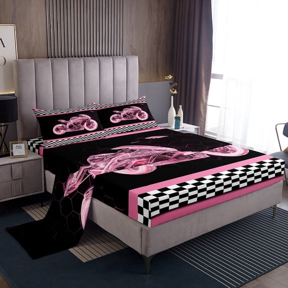 Erosebridal Neon Motorcycle Sheet Set Twin, Honeycomb Geometry Bedding Sets Twin Size, Extreme Sports Decor