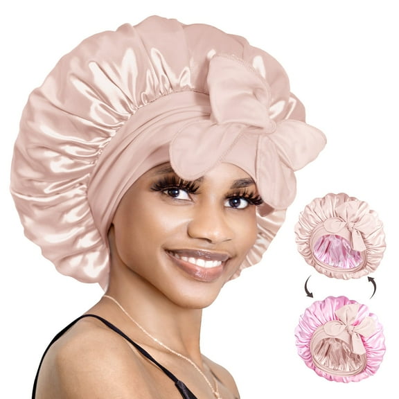 Double Layer Reversible Silky Satin Bonnet with Tie Band Jade Pink