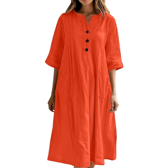 Cotton Linen Dress Half Sleeve V Neck Button Up Midi Dress Casual Loose Fit Tunic Sundress with Pockets