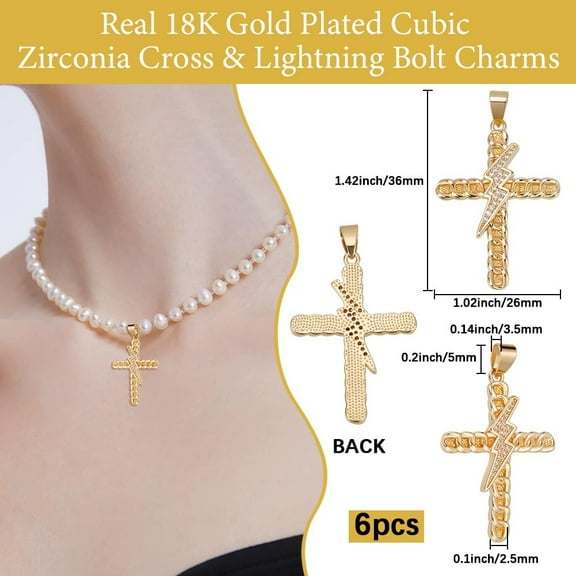 6Pcs Cubic Zirconia Cross Charm 18K Gold Plated 26x36x2.5mm Dangle Crucifix Lightning Charms with Clip for Necklace DIY Jewelry Making Pendant Finding
