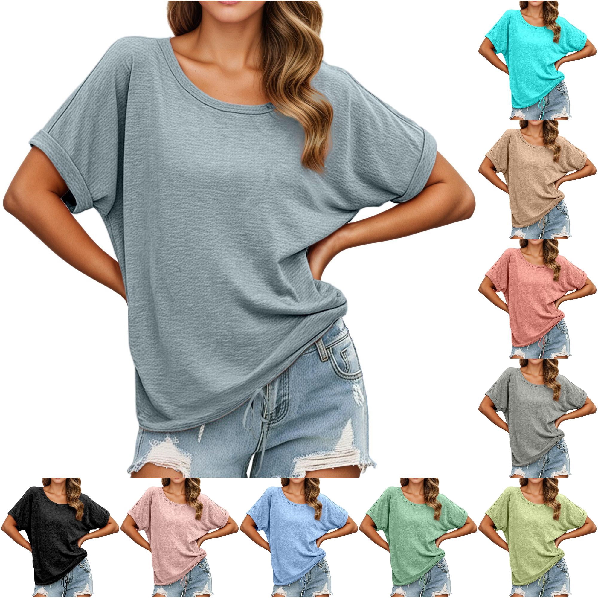Women s Casual Round Neck T Shirt with Stylish Summer Top for Women Comfortable Pure Color Tee with Denim Shorts Women V Neck Workout Womens Striped Tee Women Loose Fit Athletic Tops Women