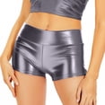 thumbnail image 2 of Wyobmus Womens Liquid Shiny Metallic Booty Shorts High Waisted Cheeky Shorts Solid Color High Waist Bottoms for Dance Festival Dark Gray, 2 of 6