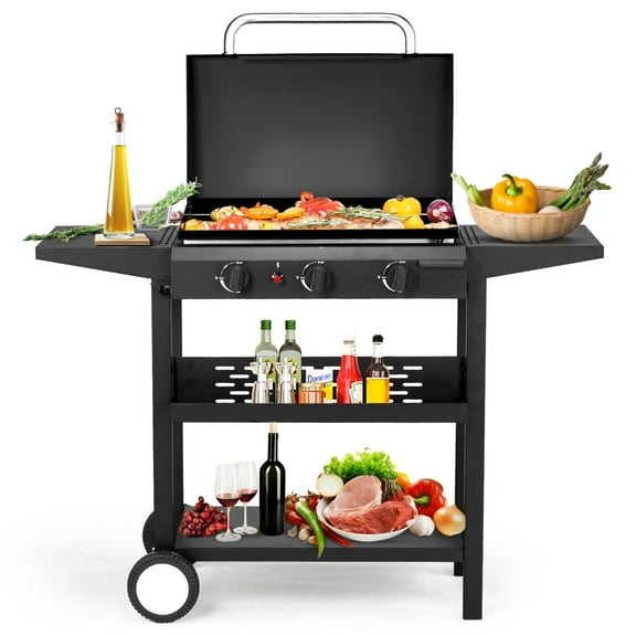 3-Burner Propane Gas BBQ Grill with Lift-Off Griddle, Side Shelves and Grease Cup, Ceramic Coated Cast Iron Pan, 45,000 BTU Outdoor Cooking and Patio Backyard, Black