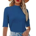 thumbnail image 2 of MIXUE Womens Summer Tops Knitted Solid Color Round Neck Short Sleeve Fashion Casual Elastic Slim Tight Formal Shirts For Women Tee Shirts Daily-Wear,Blue,XL, 2 of 4