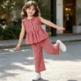 thumbnail image 4 of hoksml Girls Checkered 2-Piece Outfit Sleeveless Ruffle Top and Wide Leg Pants Set with Bow Embroidery, 4 of 9