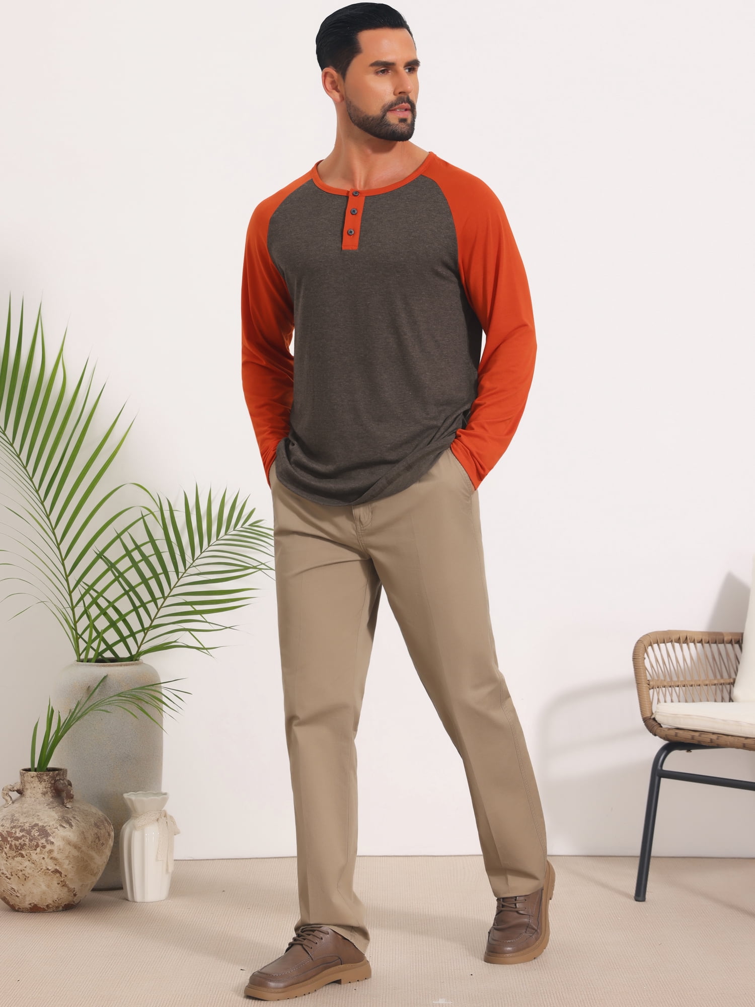DARING DIVA Men's Raglan Long Sleeve Tee Shirt Baseball Henley T-Shirts 2XL Brown Red