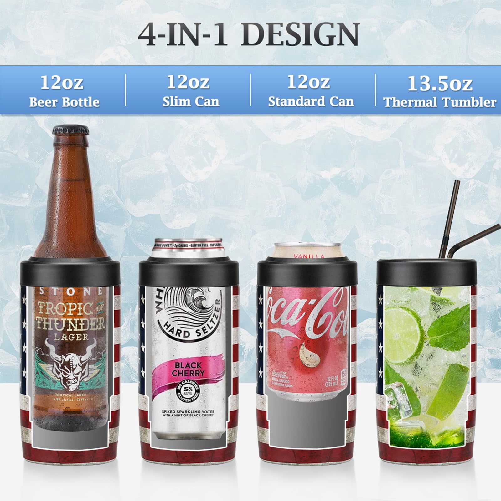 Jslove 4 in 1 Insulated Can Cooler - Universal Size for 12 oz Cans, Slim Cans, and Bottles - America Flag