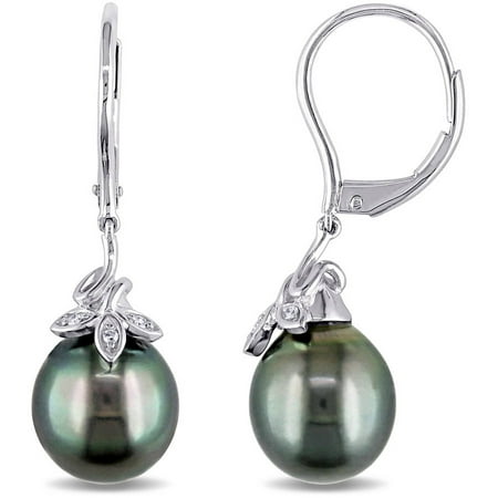 9-10mm Black Tahitian Pearl and Diamond-Accent 10kt White Gold Drop Earrings