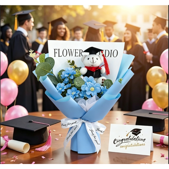 Graduation Crochet Flower Bouquet Set Includes Stuffed Bear Knitted Sunflower Daisy Eucalyptus Greeting Card Gift Bag 2026 Blue Flower Bouquet Graduation Gift
