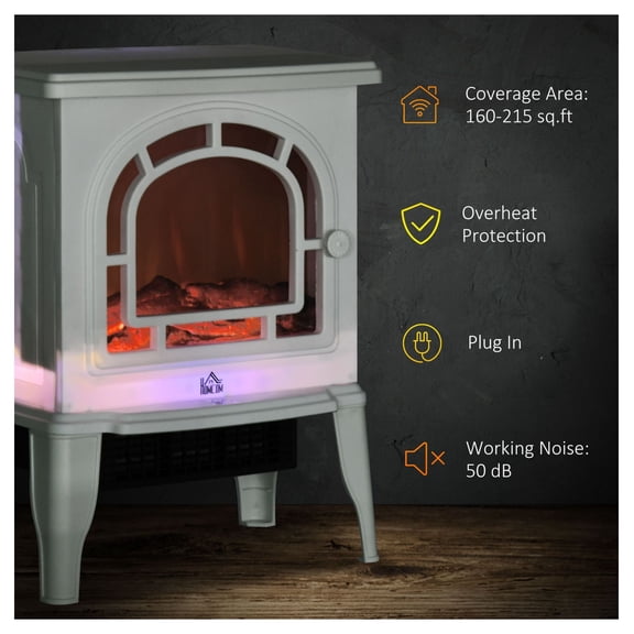Electric Fireplace Stove, Freestanding Fireplace Heater with Realistic LED Flame, Adjustable Temperature, Overheat Protection, 750W/1500W, White