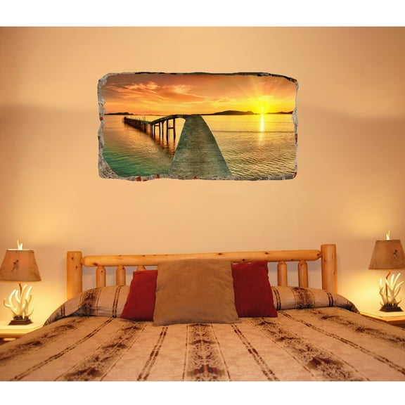 Startonight 3D Mural Wall Art Photo Decor Bridge on the Shore  Amazing Dual View Surprise Medium Wall Mural Wallpaper for Bedroom Beach Landscapes Collection Wall Paper Art 32.28 inch By 59.06 inch