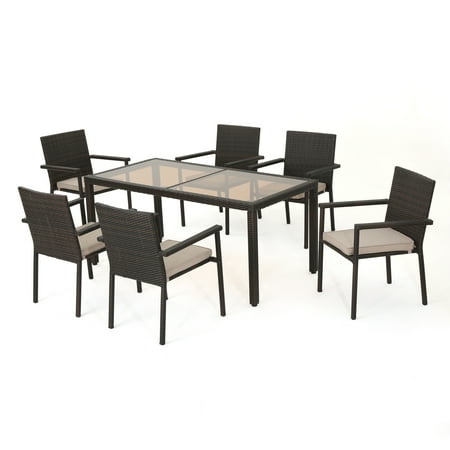 Patio Furniture For Sale In San Diego San Simeon Outdoor 7 Piece Wicker Rectangular Dining Set with Water Resistant Cushions, Multibrown and Textured Beige ()