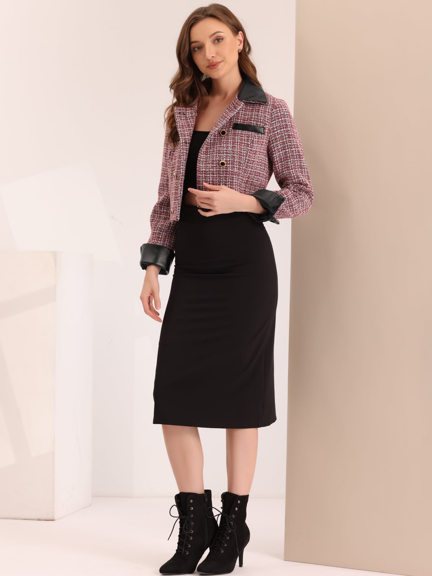 DARING DIVA Women's Lapel Collar Vintage Plaid Tweed Cropped Jackets Blazer XS Red