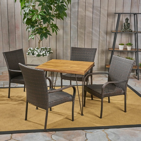Pablo Outdoor 5 Piece Industrial Wood and Wicker Square Dining Set, Multi Brown, Teak