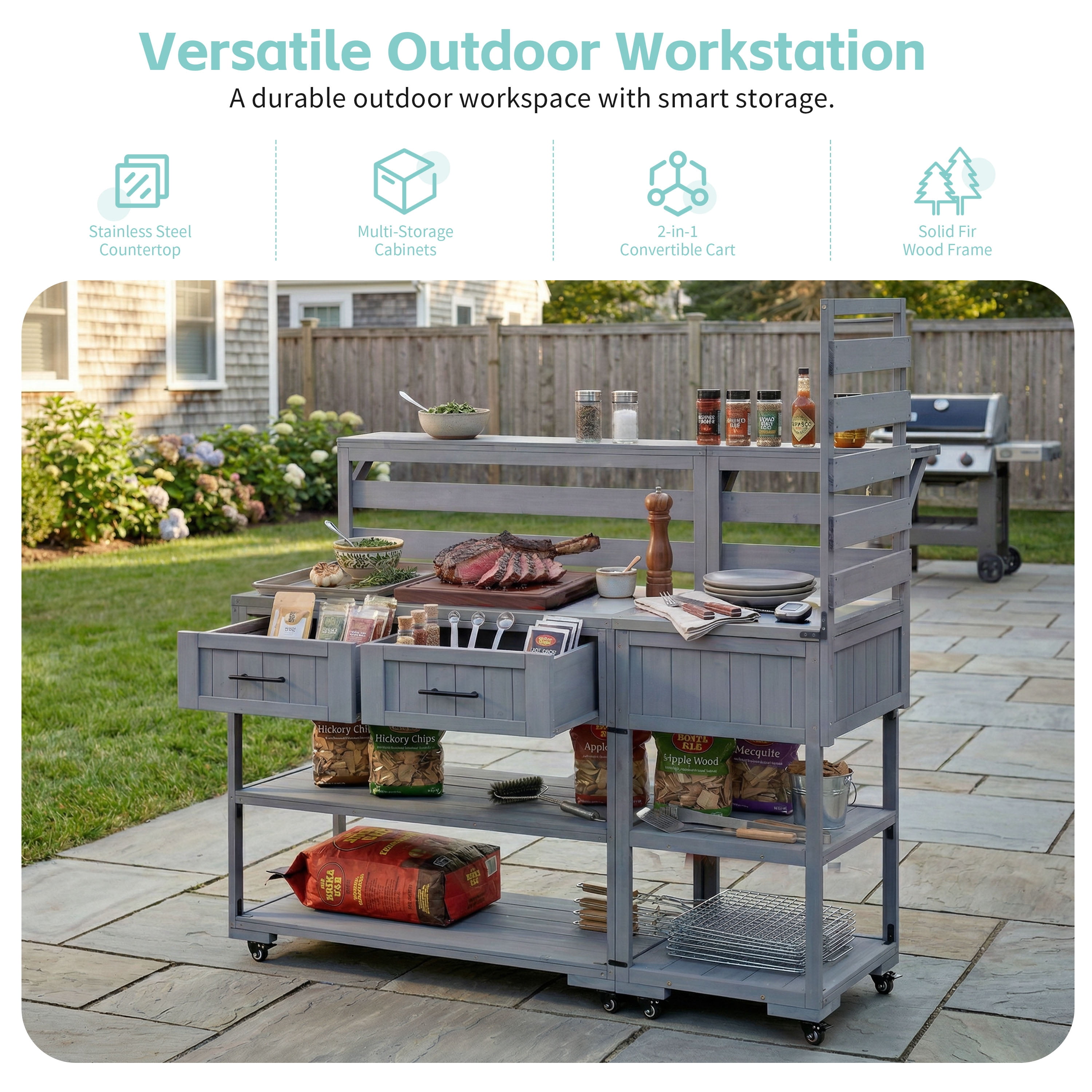 Mintazer 62.3" Patio Kitchen Island Cart with Raised Shelf and Drawers, 2-in-1 Outdoor BBQ Grill Cart & Garden Potting Bench, Rolling Workstation with Stainless Steel Top, Gray
