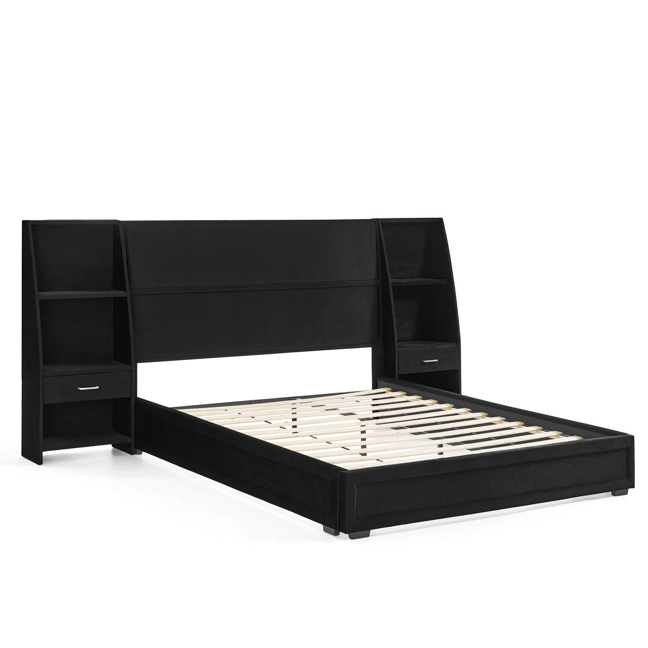 Queen/King Size Modern Upholstered Platform Bed Frame, Velvet Storage Bed with Headboard, Side Bookcases & Drawers Nightstand