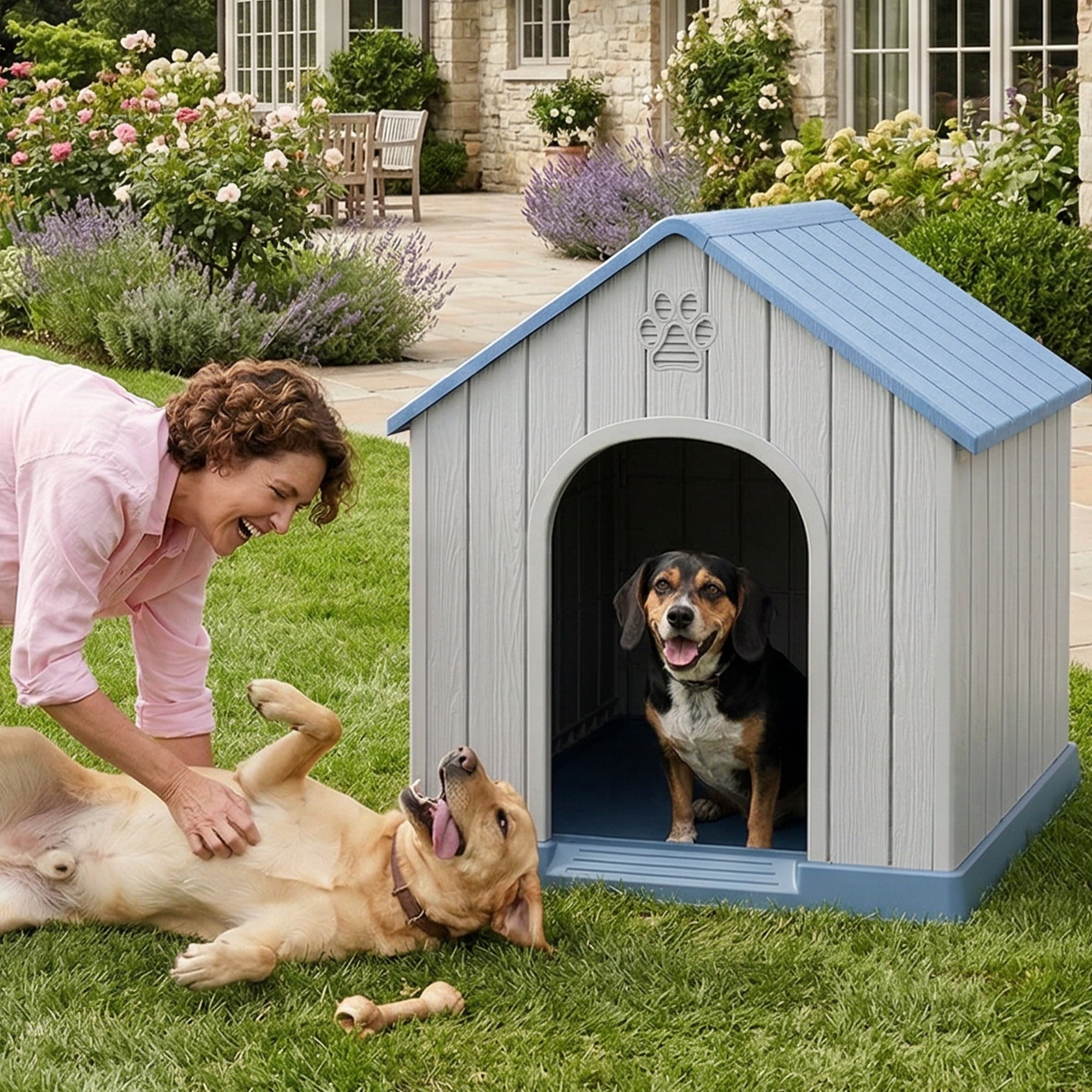 fazzn Durable Waterproof Resin Dog House for Small to Large Sized Dogs, Indoor Outdoor Doghouse Puppy Shelter with Elevated Floor, Easy to Assemble .Blue/Brown,Father's Day Gift