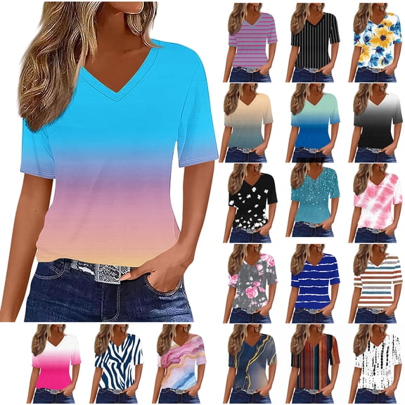 NSLGXD T Shirts for Women Dressy Casual V Neck Short Sleeve Blouses Plus Size Graphic Tees Flowy Athletic T Shirts S-3XL Black Top