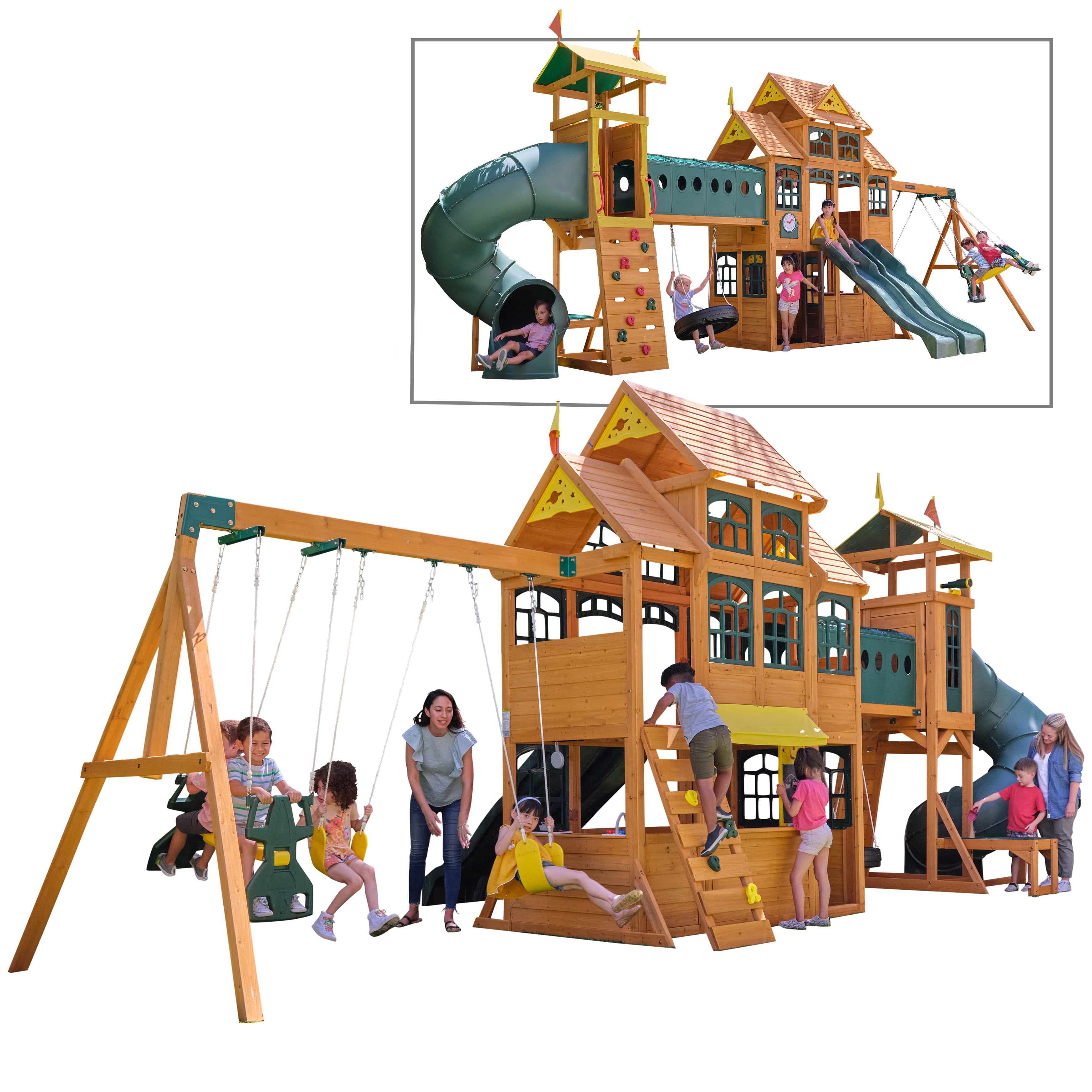 KidKraft Bear Cave Lodge Swing Set with 2 Swings and Tunnel