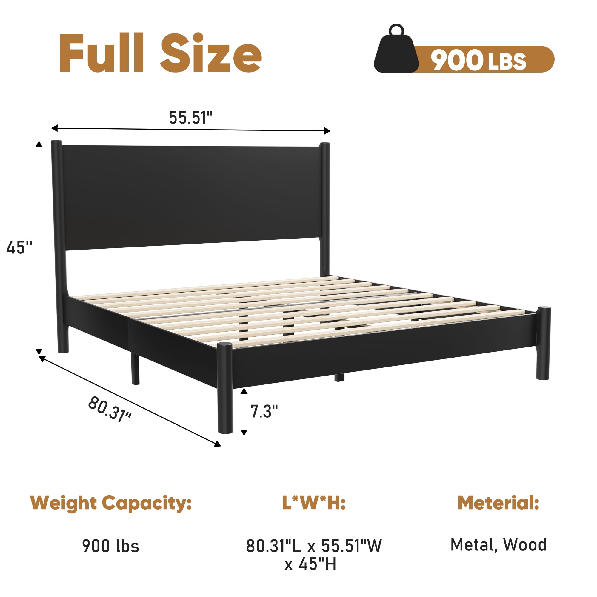Frostbloom Full Size Modern Solid Wood Platform Bed Frame, Black